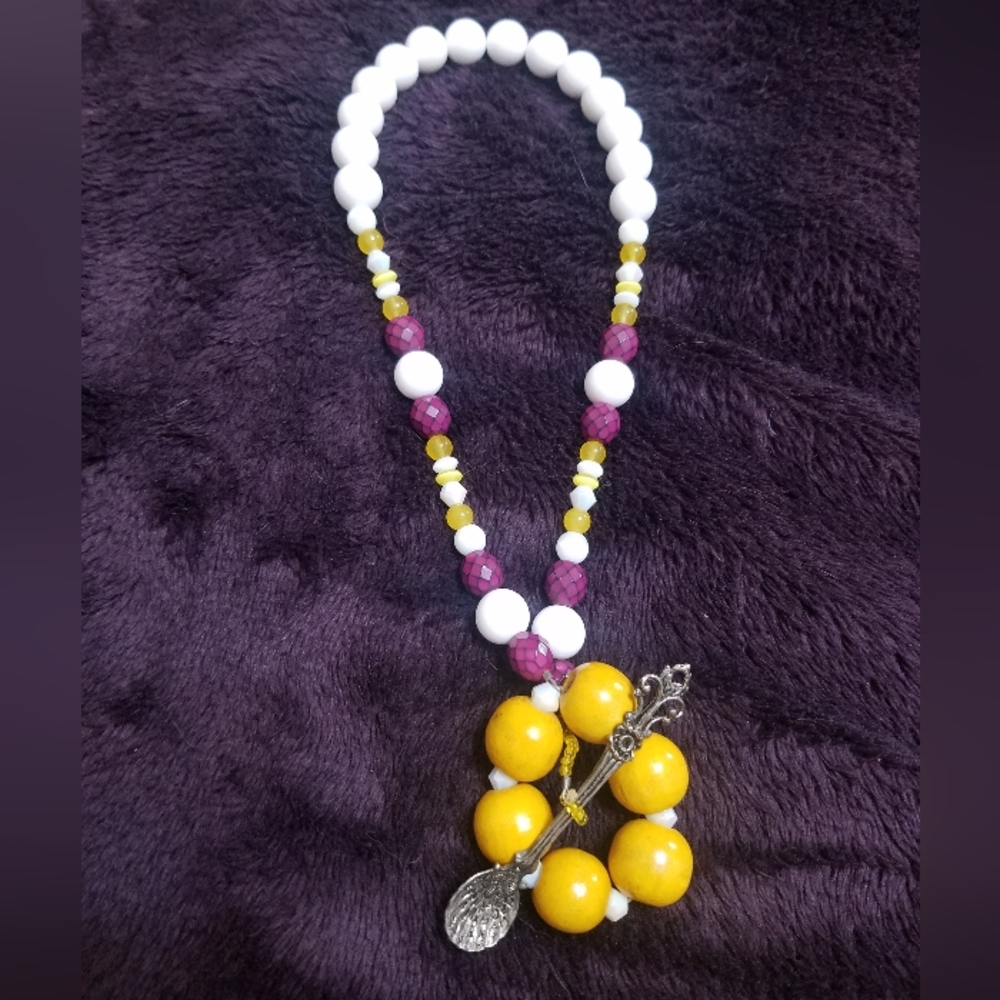 Unique Chunky White Yellow Purple Beaded Spoon Necklace